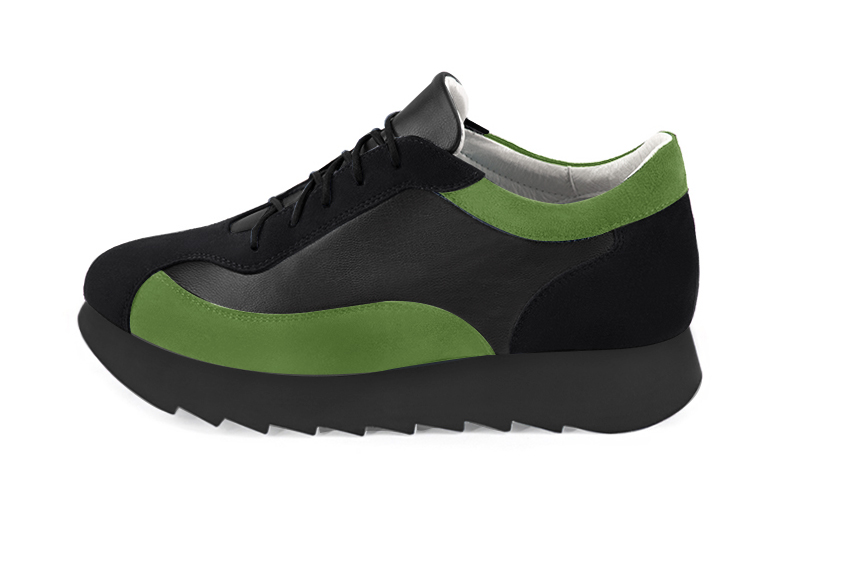 Matt black and grass green women's elegant sneakers. Round toe. Low rubber soles. Profile view - Florence KOOIJMAN